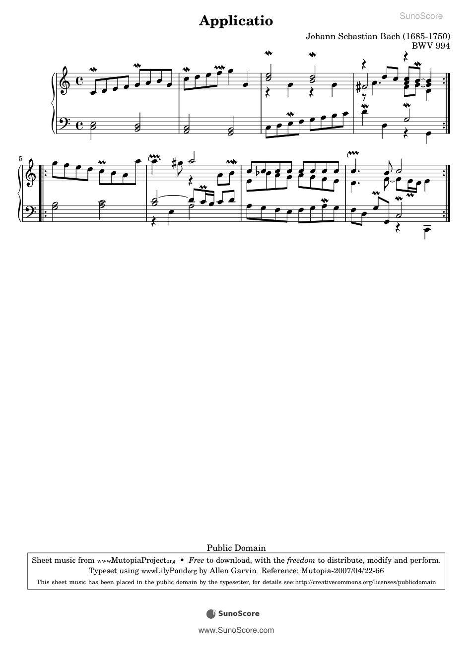아플리카티오 BWV 994 악보 첫 쪽 미리보기