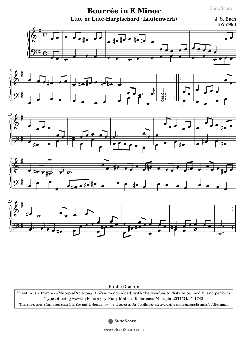 부레 마단조 (류트 모음곡 BWV 996) 악보 첫 쪽 미리보기