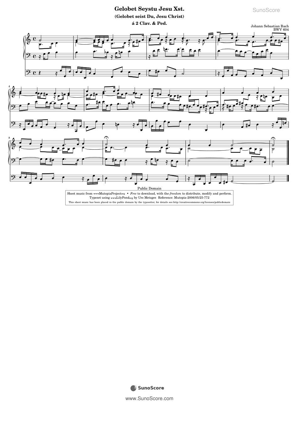 찬양받으소서, 예수 그리스도 BWV 604 악보 첫 쪽 미리보기