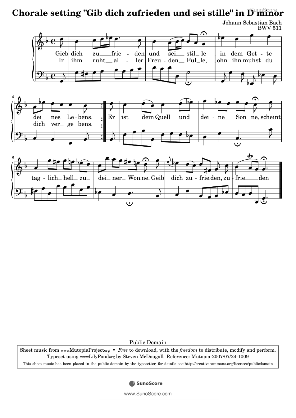 만족하고 잠잠하라 BWV 511 악보 첫 쪽 미리보기