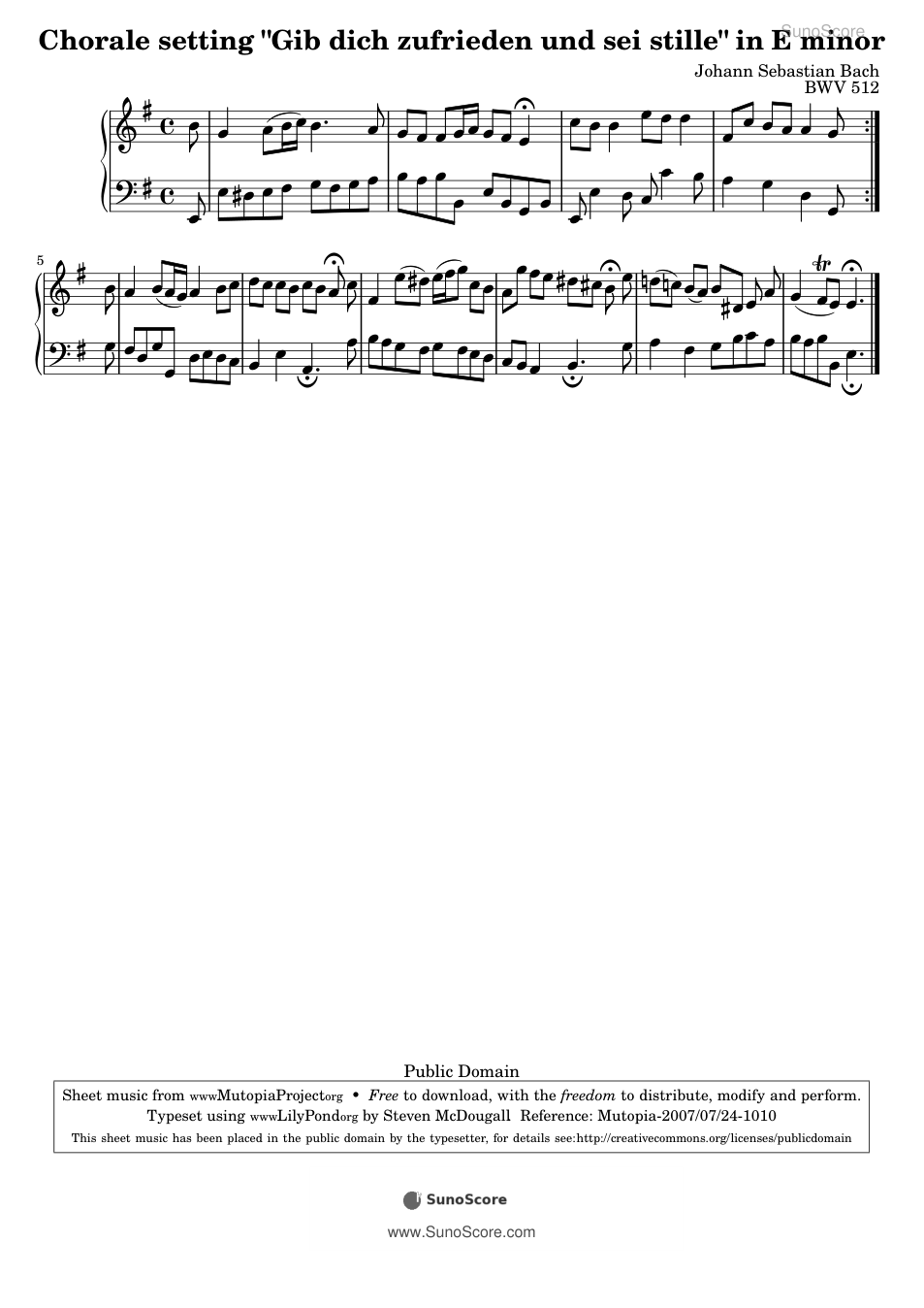 만족하고 고요하라 BWV 512 악보 첫 쪽 미리보기