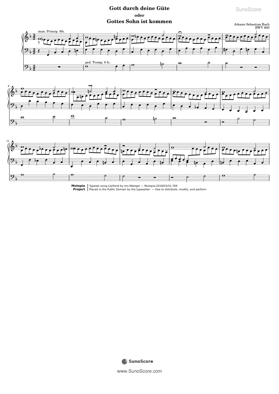 주님, 당신의 선하심으로 BWV 600 악보 첫 쪽 미리보기