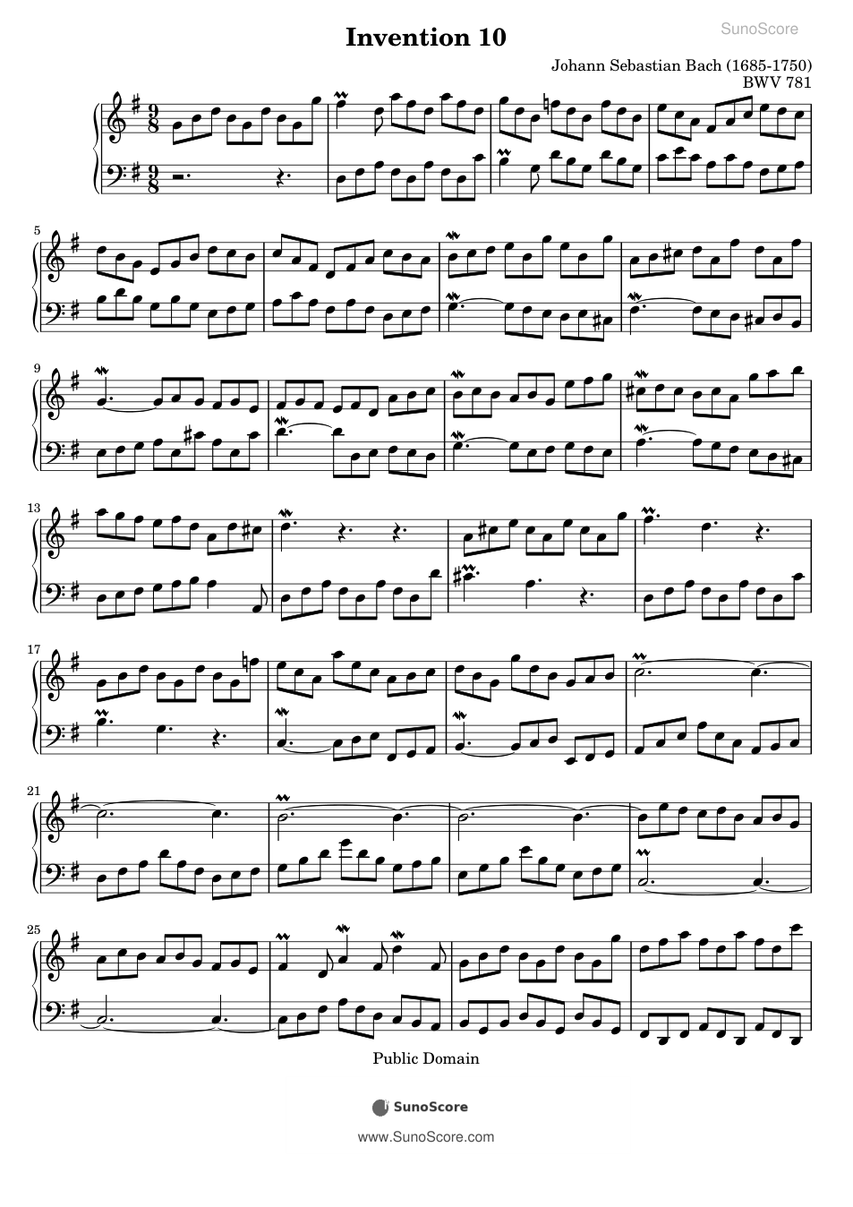 바흐 2성 인벤션 10번 G장조 BWV 781 악보 첫 쪽 미리보기
