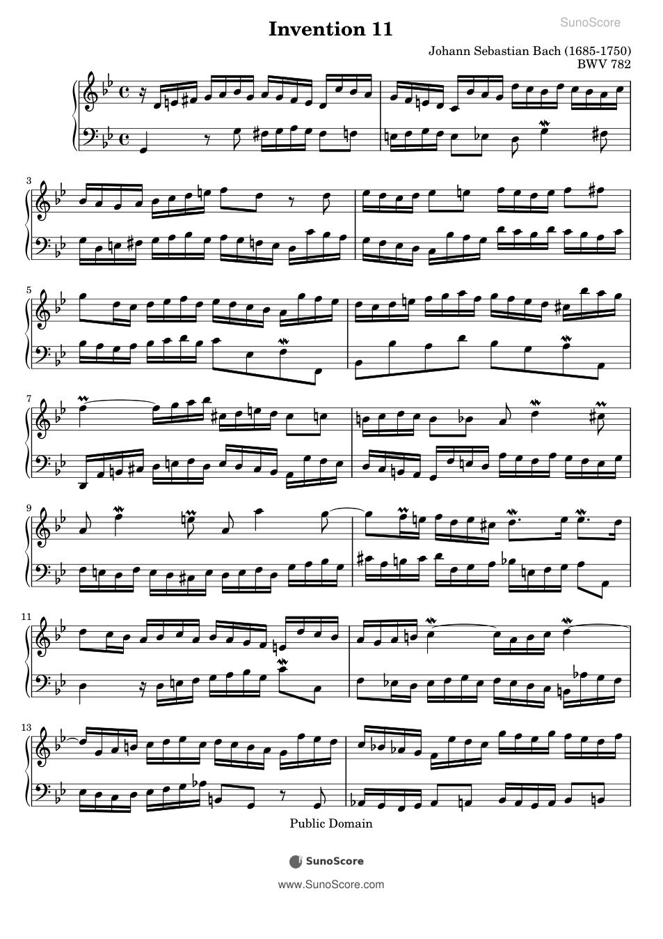 바흐 2성 인벤션 11번 G단조 BWV 782 악보 첫 쪽 미리보기