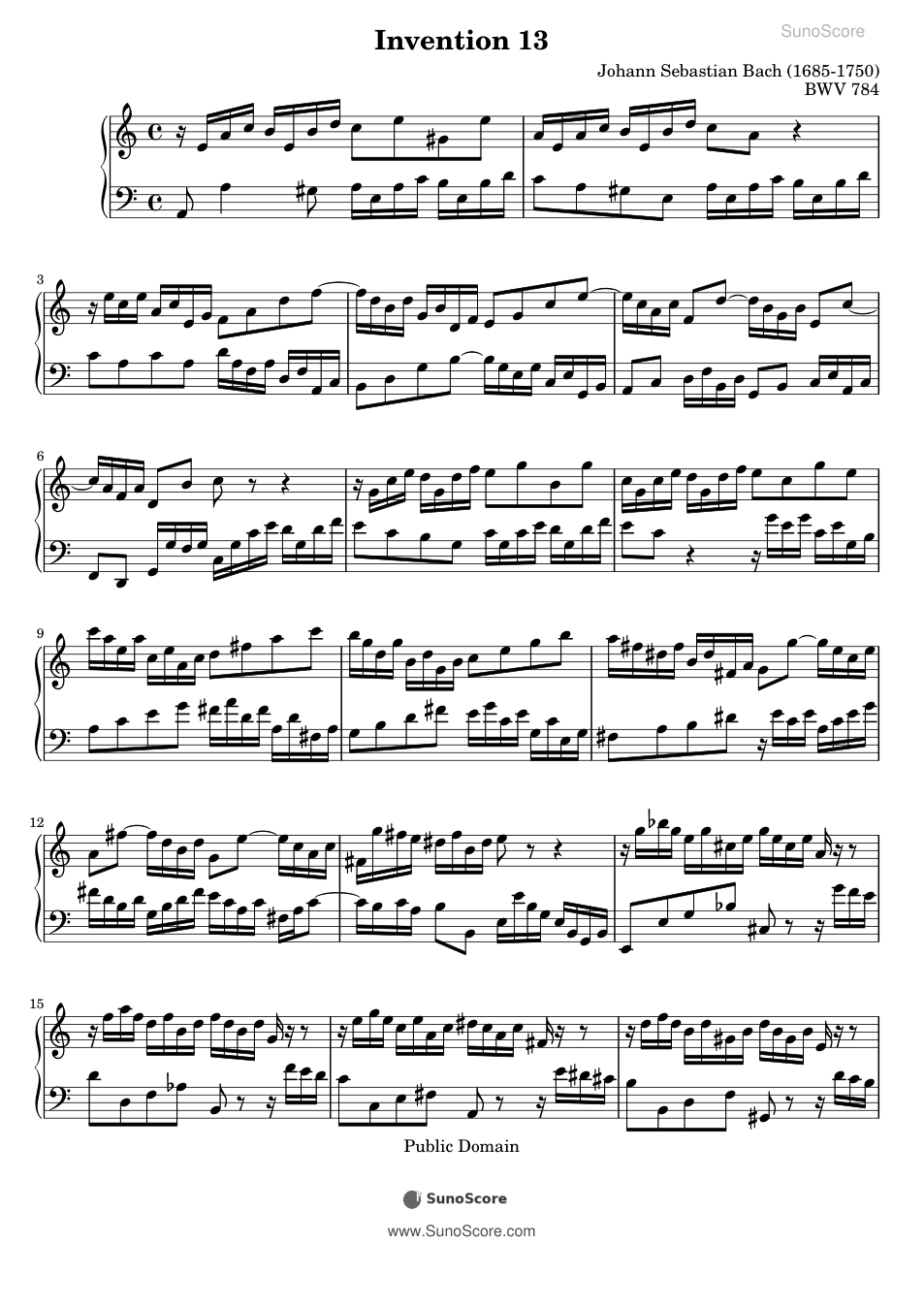 바흐 2성 인벤션 13번 A단조 BWV 784 악보 첫 쪽 미리보기