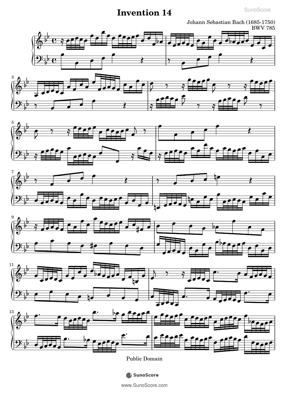바흐 2성 인벤션 14번 B♭장조 BWV 785 악보 첫 쪽 미리보기