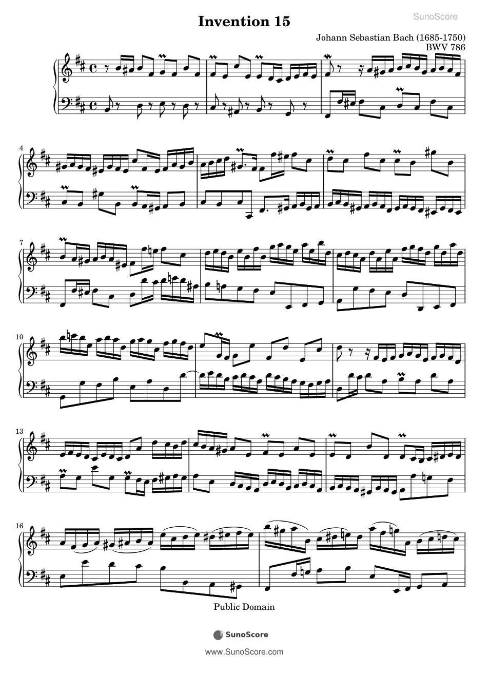 바흐 2성 인벤션 15번 B단조 BWV 786 악보 첫 쪽 미리보기