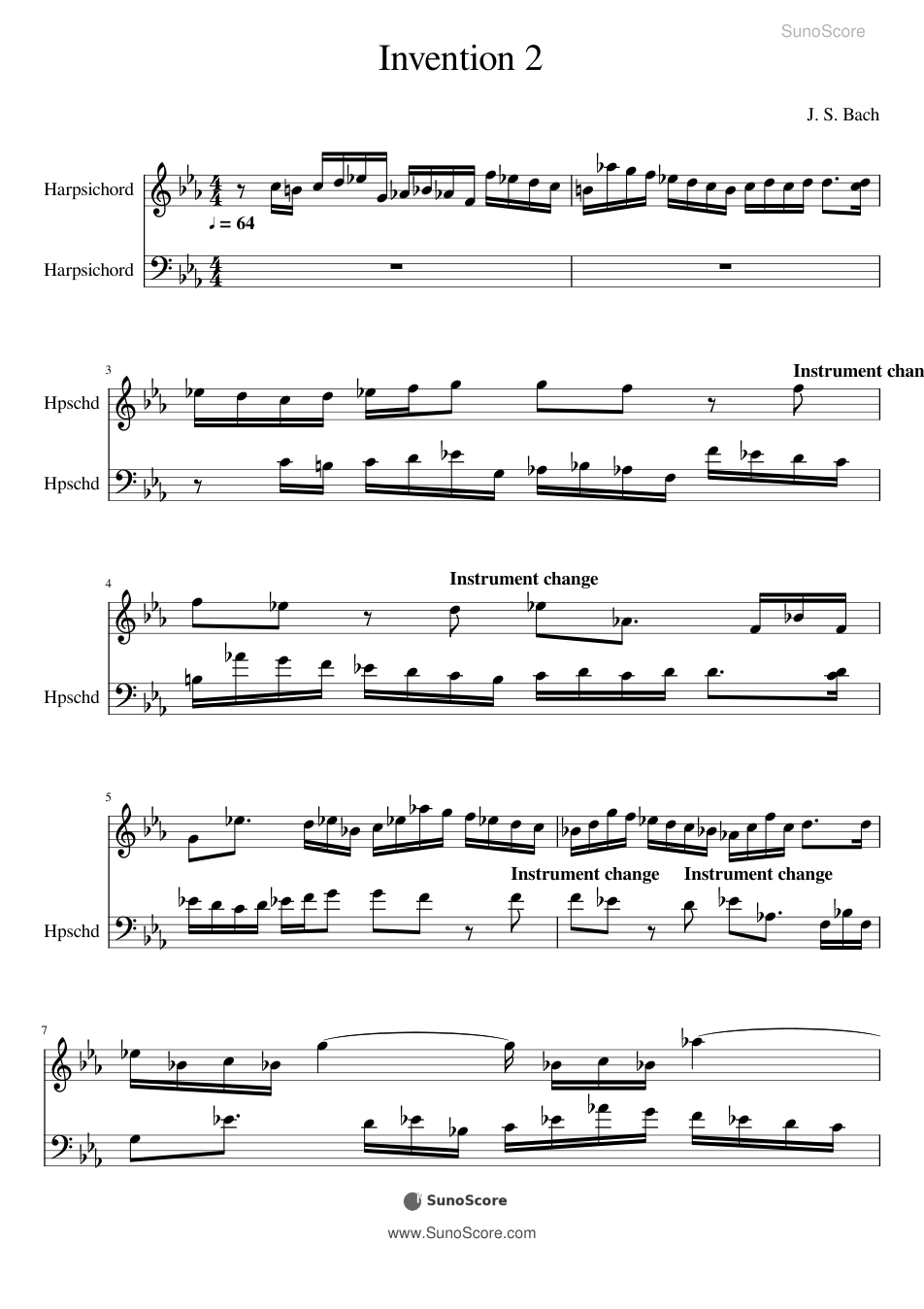 바흐 2성 인벤션 2번 C단조 BWV 773 악보 첫 쪽 미리보기