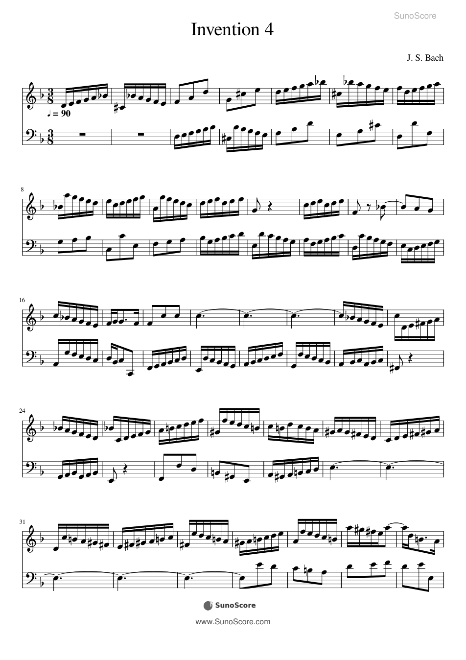 바흐 2성 인벤션 4번 D단조 BWV 775 악보 첫 쪽 미리보기
