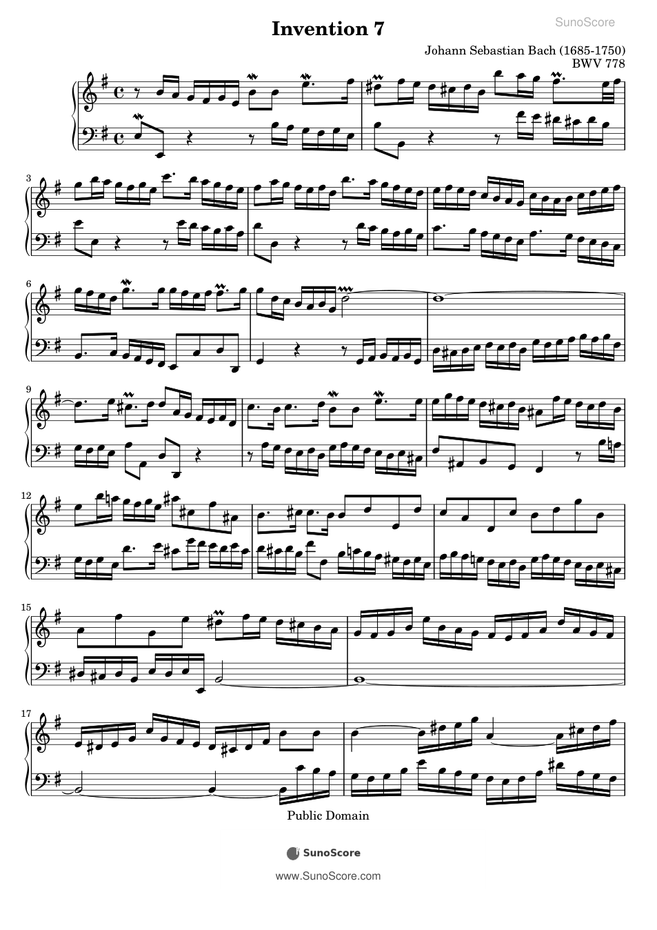 바흐 2성 인벤션 7번 E단조 BWV 778 악보 첫 쪽 미리보기