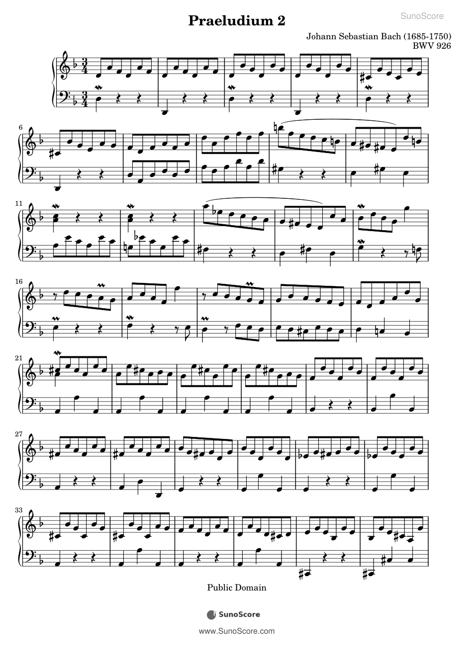 작은 전주곡 BWV 926 악보 첫 쪽 미리보기