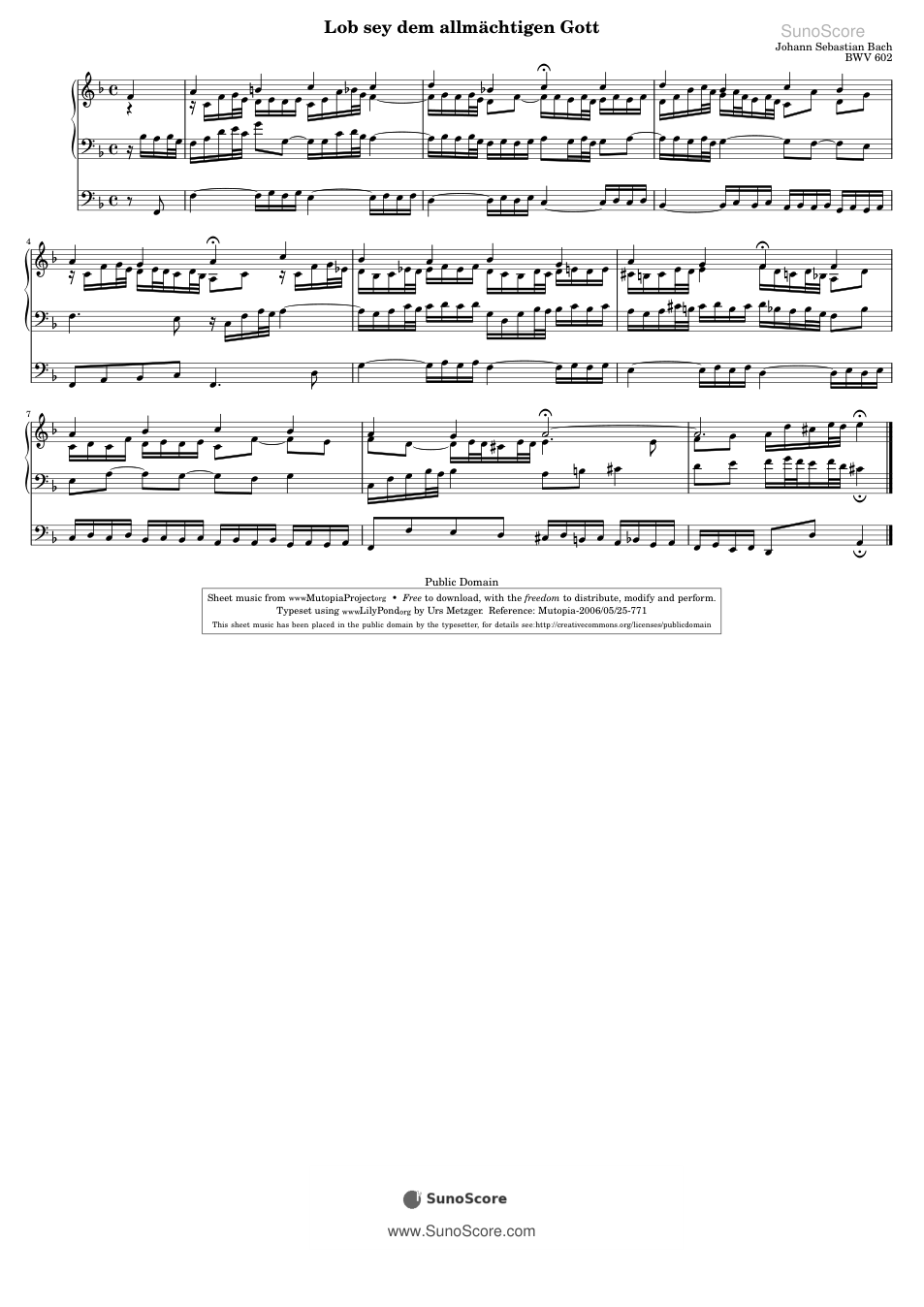 전능하신 하나님께 찬양 BWV 602 악보 첫 쪽 미리보기