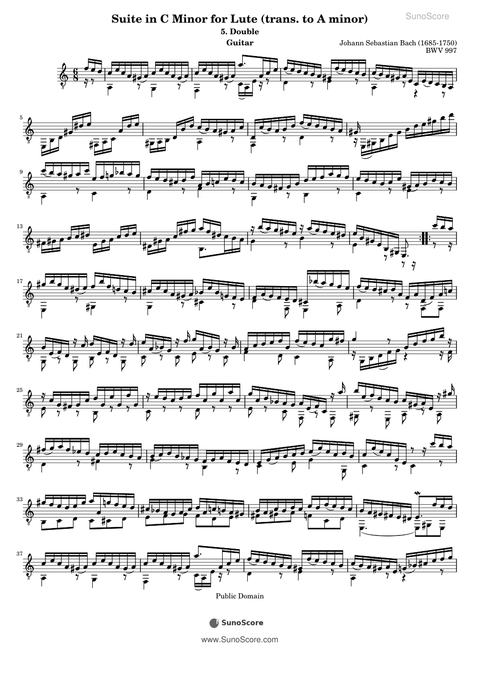 류트 모음곡 BWV 997 두블 (기타) 악보 첫 쪽 미리보기