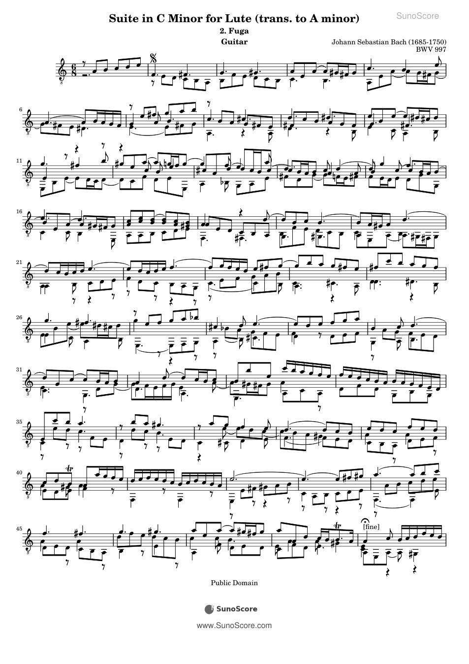 류트 모음곡 BWV 997 푸가 (기타) 악보 첫 쪽 미리보기