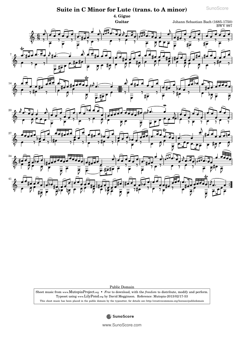 류트 모음곡 BWV 997 지그 (기타) 악보 첫 쪽 미리보기