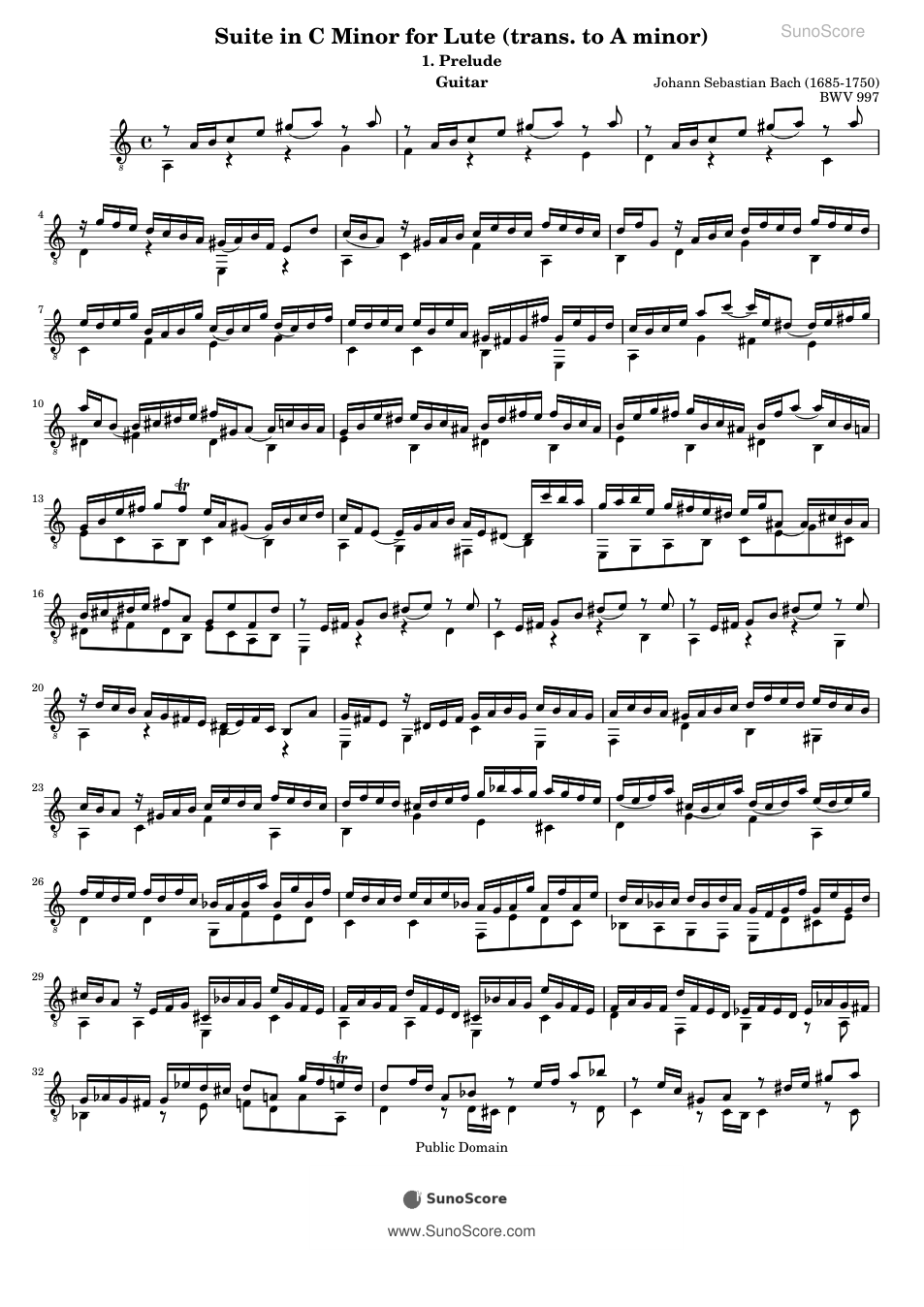 류트 모음곡 BWV 997 중 전주곡 악보 첫 쪽 미리보기