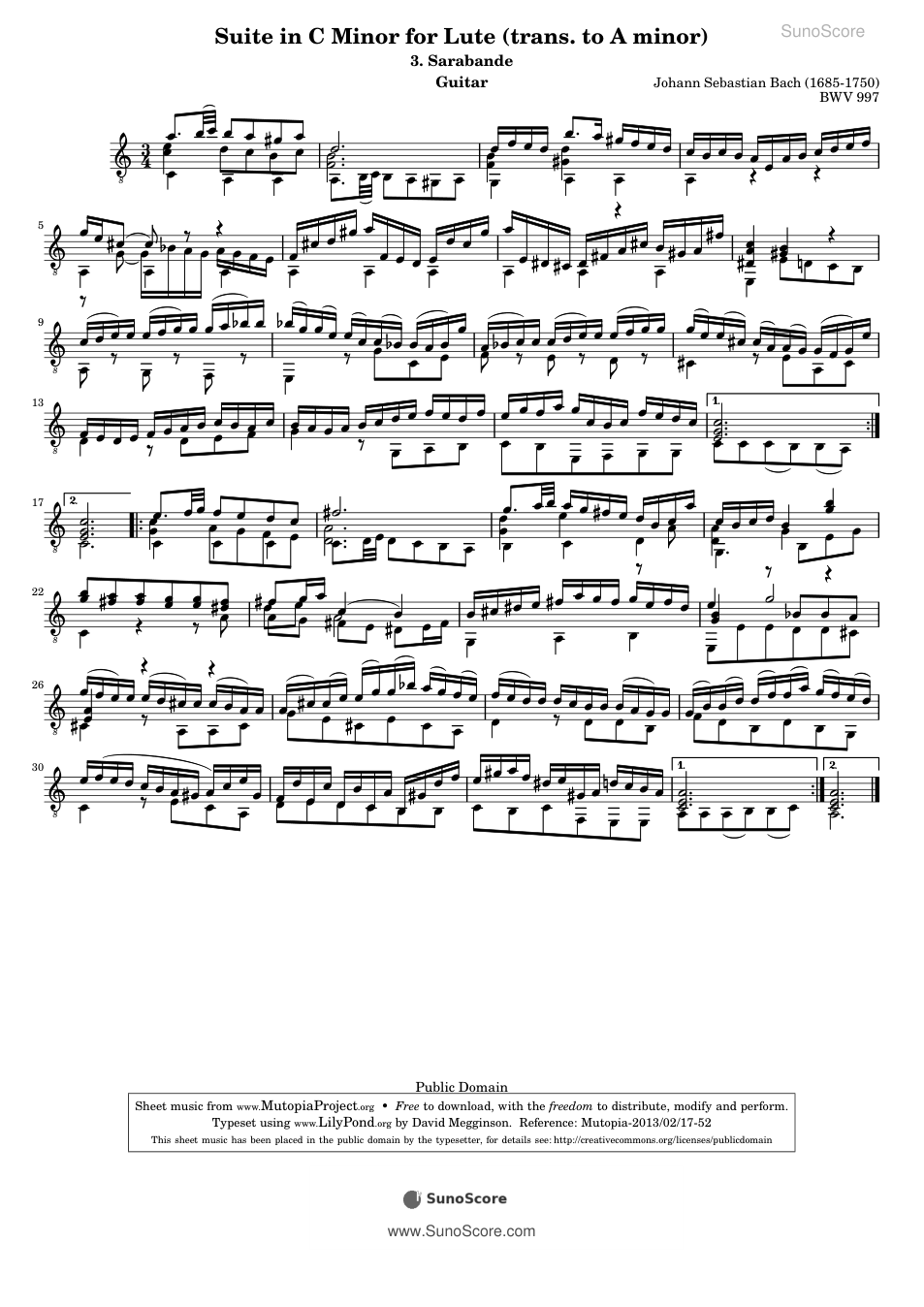 류트 모음곡 BWV 997 중 사라방드 악보 첫 쪽 미리보기