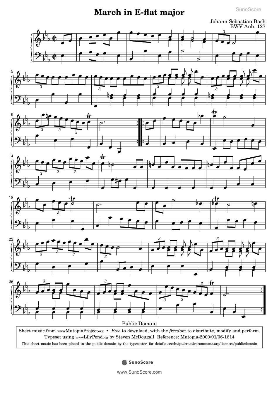 행진곡 내림마장조 BWV Anh.127 악보 첫 쪽 미리보기