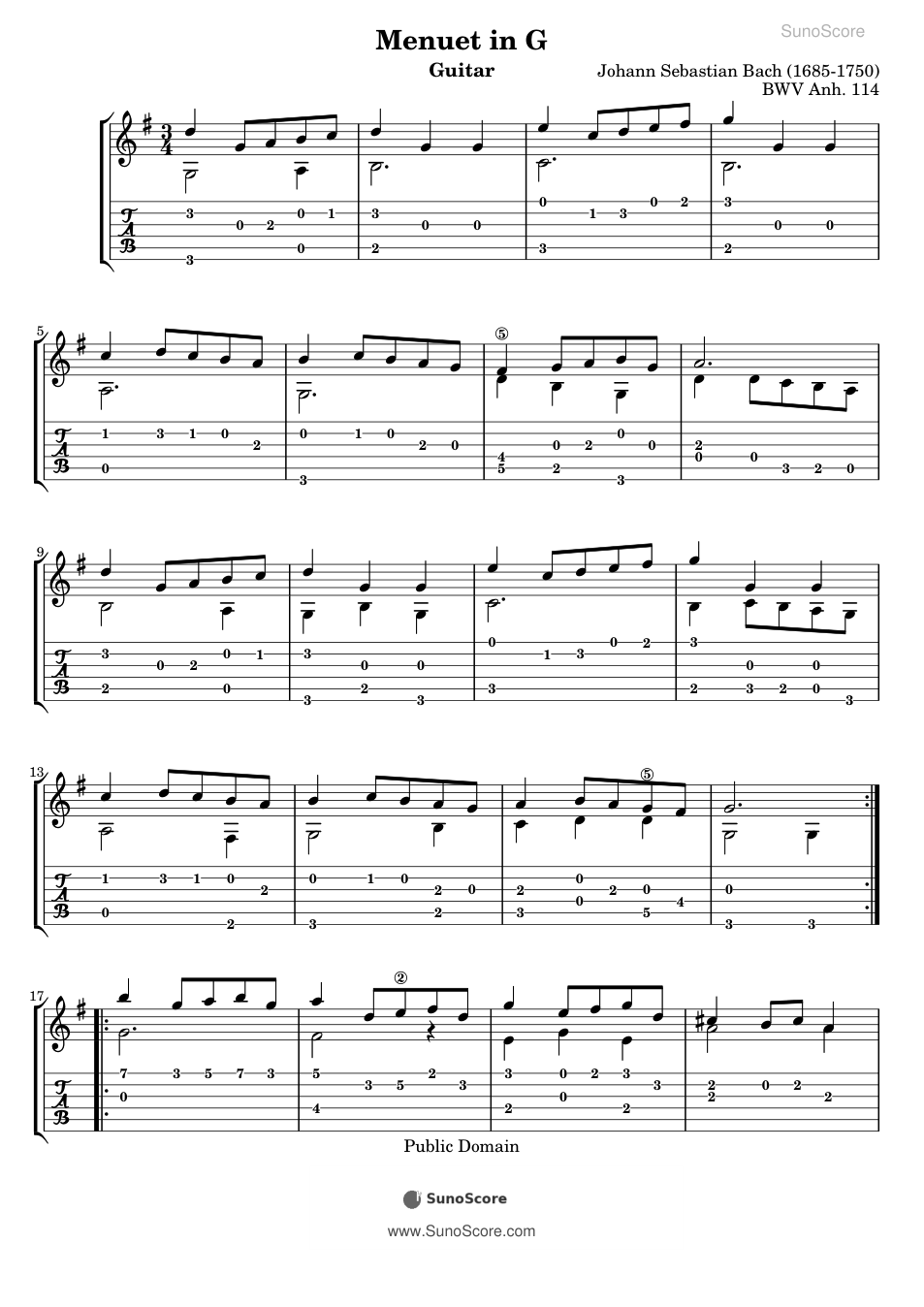 미뉴에트 사장조 BWV Anh.114 (기타) 악보 첫 쪽 미리보기