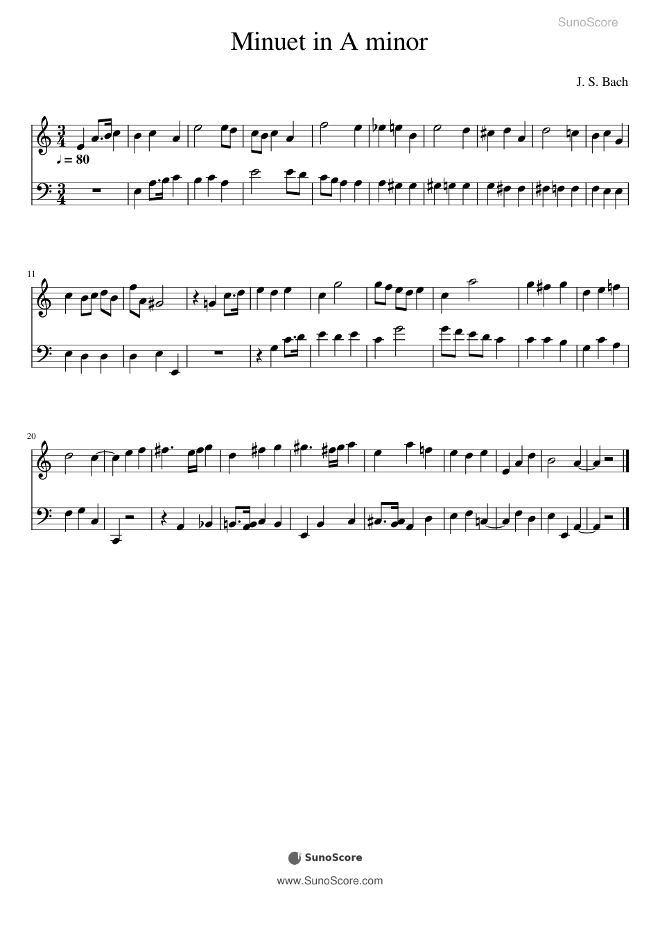 바흐 미뉴에트 A단조 BWV Anh.120 악보 첫 쪽 미리보기