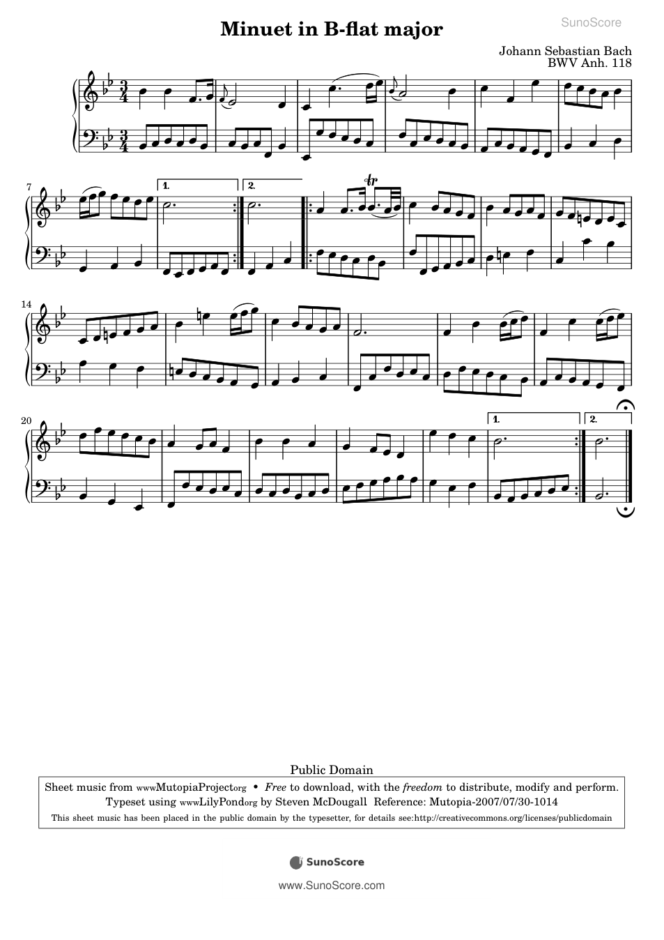 미뉴에트 내림나장조 BWV Anh.118 악보 첫 쪽 미리보기