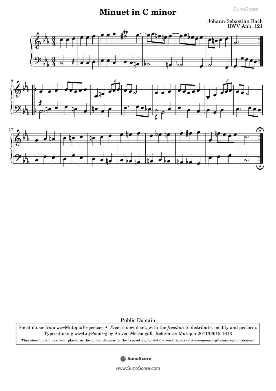 미뉴에트 다단조 BWV Anh.121 악보 첫 쪽 미리보기