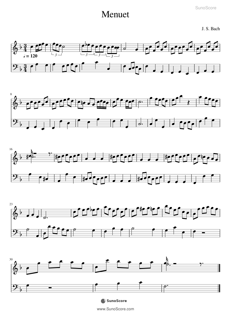 바흐 미뉴에트 F장조 BWV Anh.113 악보 첫 쪽 미리보기