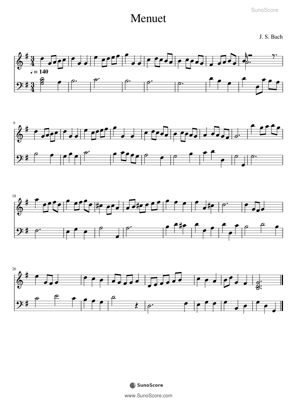 바흐 미뉴에트 G장조 BWV Anh.114 악보 첫 쪽 미리보기