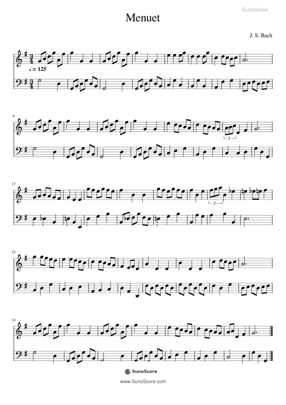 바흐 미뉴에트 G장조 BWV Anh.116 악보 첫 쪽 미리보기