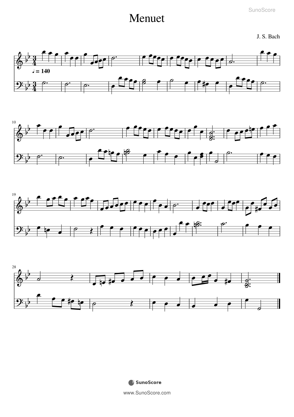바흐 미뉴에트 G단조 BWV Anh.115 악보 첫 쪽 미리보기
