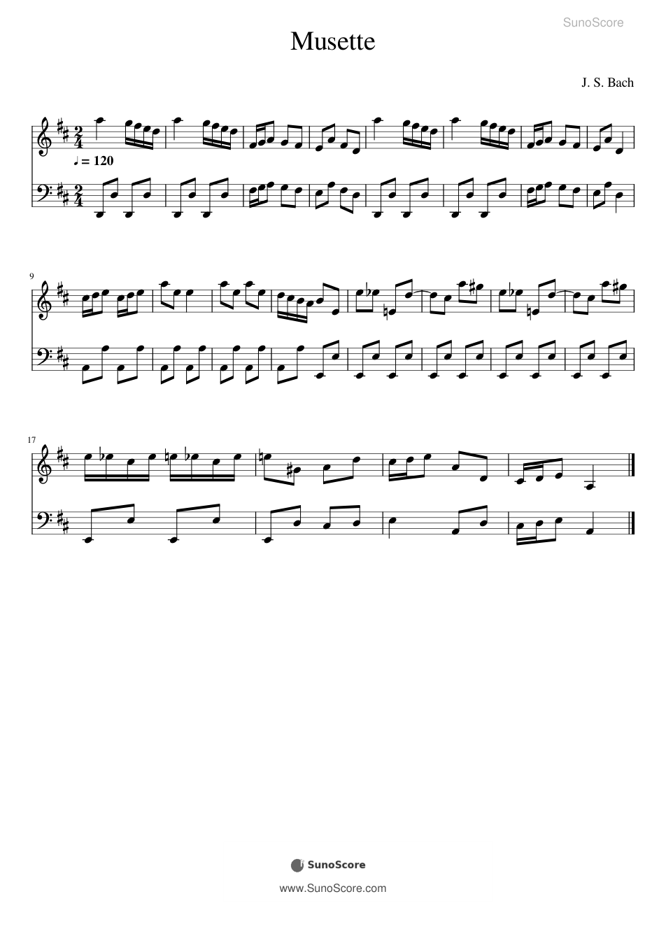 바흐 뮈제트 D장조 BWV Anh.126 악보 첫 쪽 미리보기