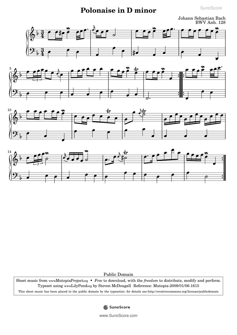 폴로네즈 라단조 BWV Anh.128 악보 첫 쪽 미리보기