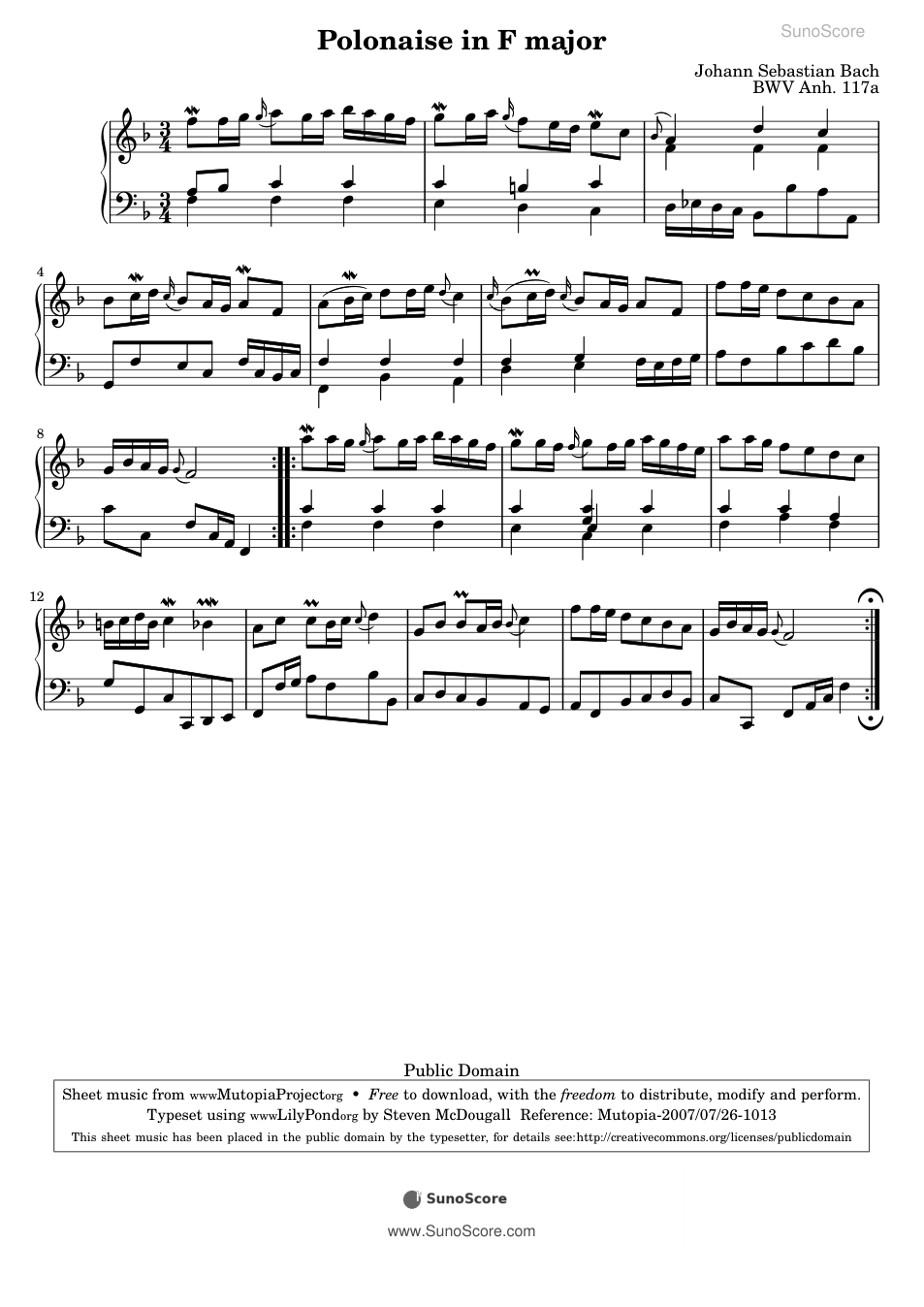 폴로네즈 바장조 BWV Anh.117a 악보 첫 쪽 미리보기