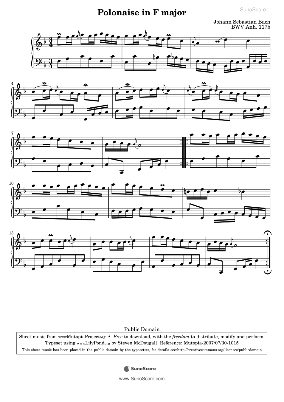 폴로네즈 바장조 BWV Anh. 117b 악보 첫 쪽 미리보기