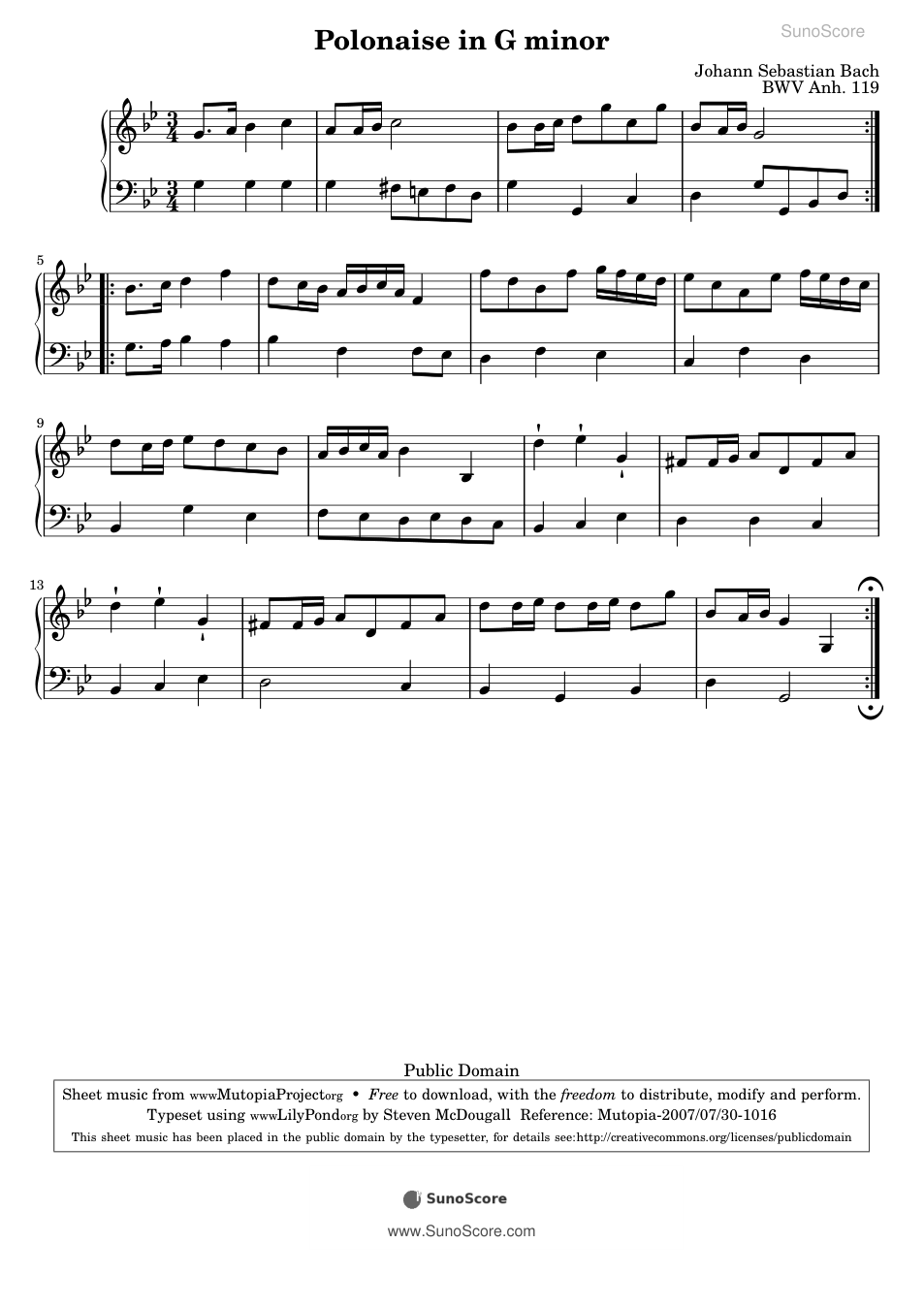 폴로네즈 사단조 BWV Anh.119 악보 첫 쪽 미리보기