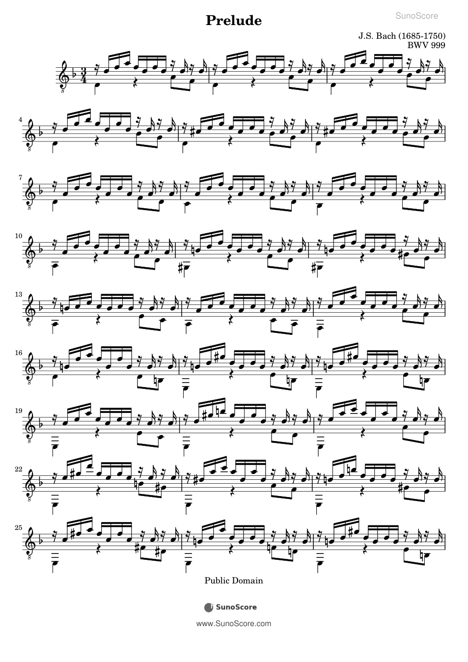 작은 전주곡 라단조 BWV 999 악보 첫 쪽 미리보기