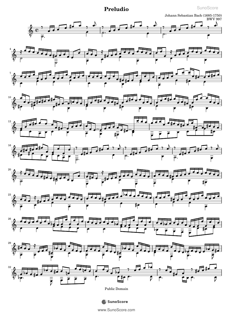 류트 모음곡 BWV 997 전주곡 (기타) 악보 첫 쪽 미리보기