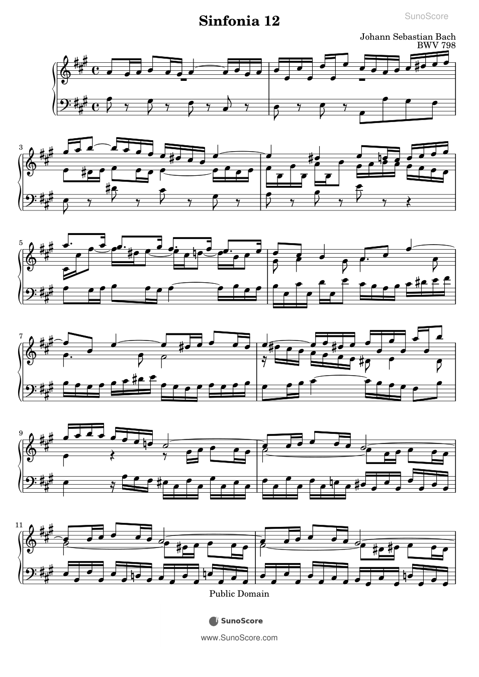 바흐 3성 신포니아 12번 A장조 BWV 798 악보 첫 쪽 미리보기
