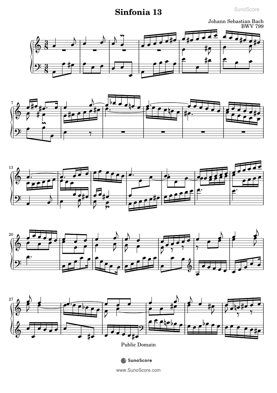 바흐 3성 신포니아 13번 A단조 BWV 799 악보 첫 쪽 미리보기