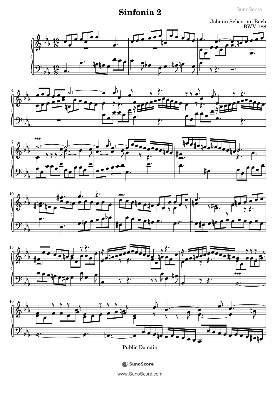 바흐 3성 신포니아 2번 C단조 BWV 788 악보 첫 쪽 미리보기