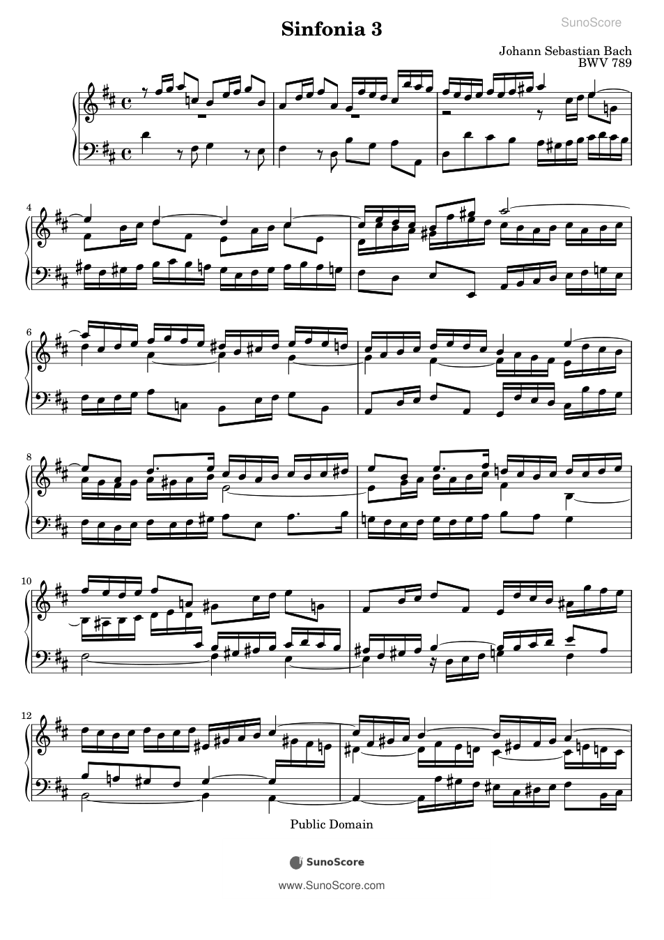 바흐 3성 신포니아 3번 D장조 BWV 789 악보 첫 쪽 미리보기