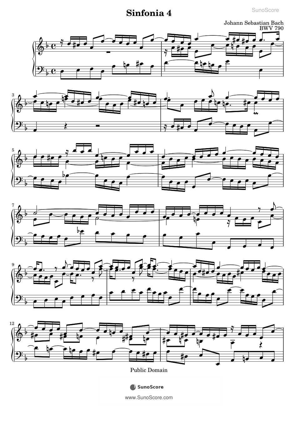 바흐 3성 신포니아 4번 D단조 BWV 790 악보 첫 쪽 미리보기