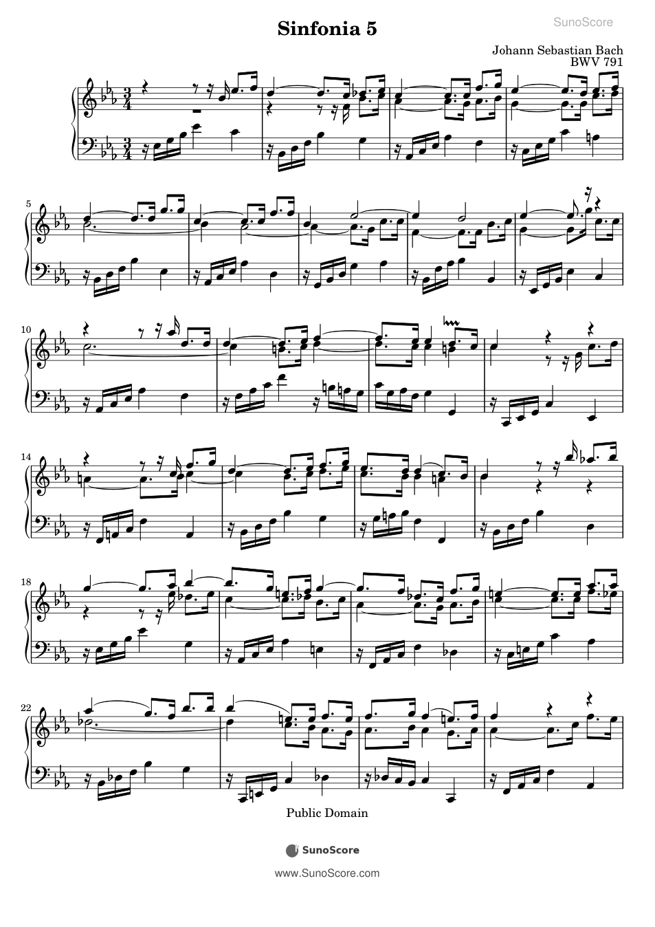 바흐 3성 신포니아 5번 E♭장조 BWV 791 악보 첫 쪽 미리보기