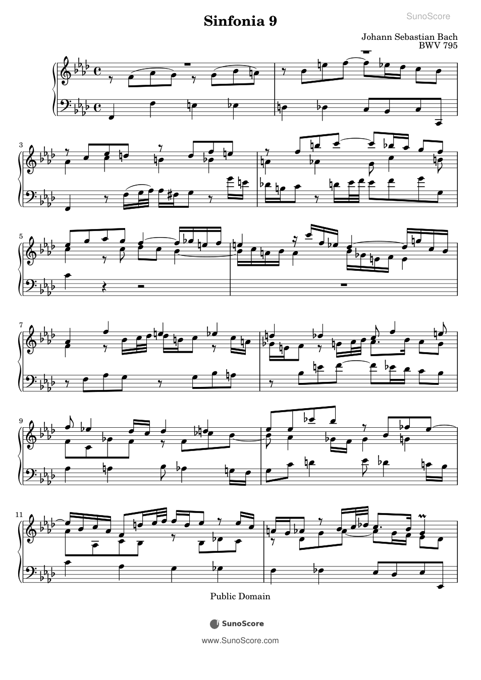 바흐 3성 신포니아 9번 F단조 BWV 795 악보 첫 쪽 미리보기