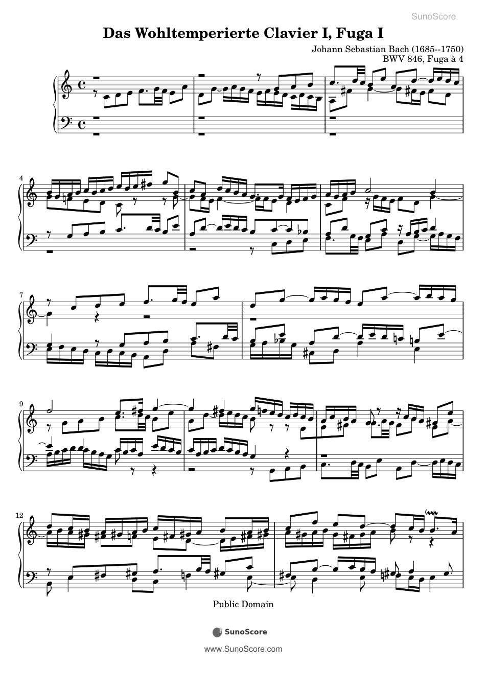 평균율 1권 푸가 1번 BWV 846 악보 첫 쪽 미리보기