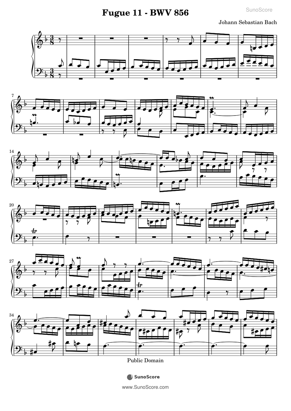 평균율 1권 푸가 11번 BWV 856 악보 첫 쪽 미리보기