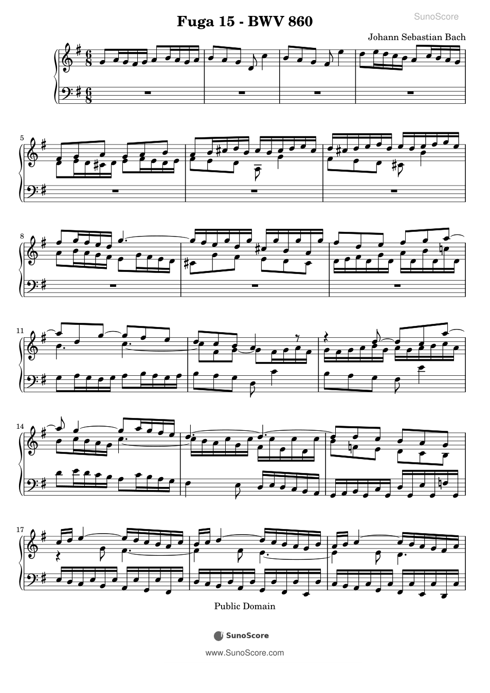 평균율 1권 푸가 15번 BWV 860 악보 첫 쪽 미리보기