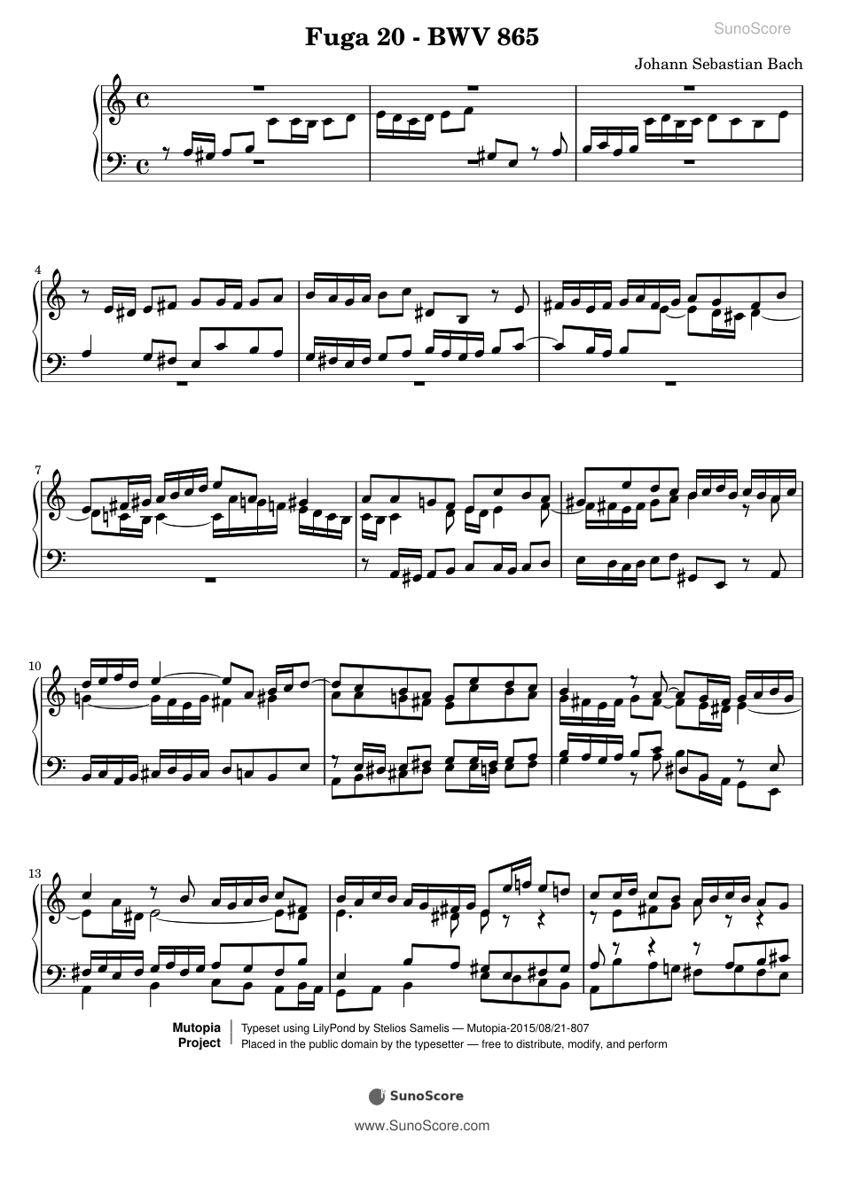 평균율 1권 푸가 20번 BWV 865 악보 첫 쪽 미리보기
