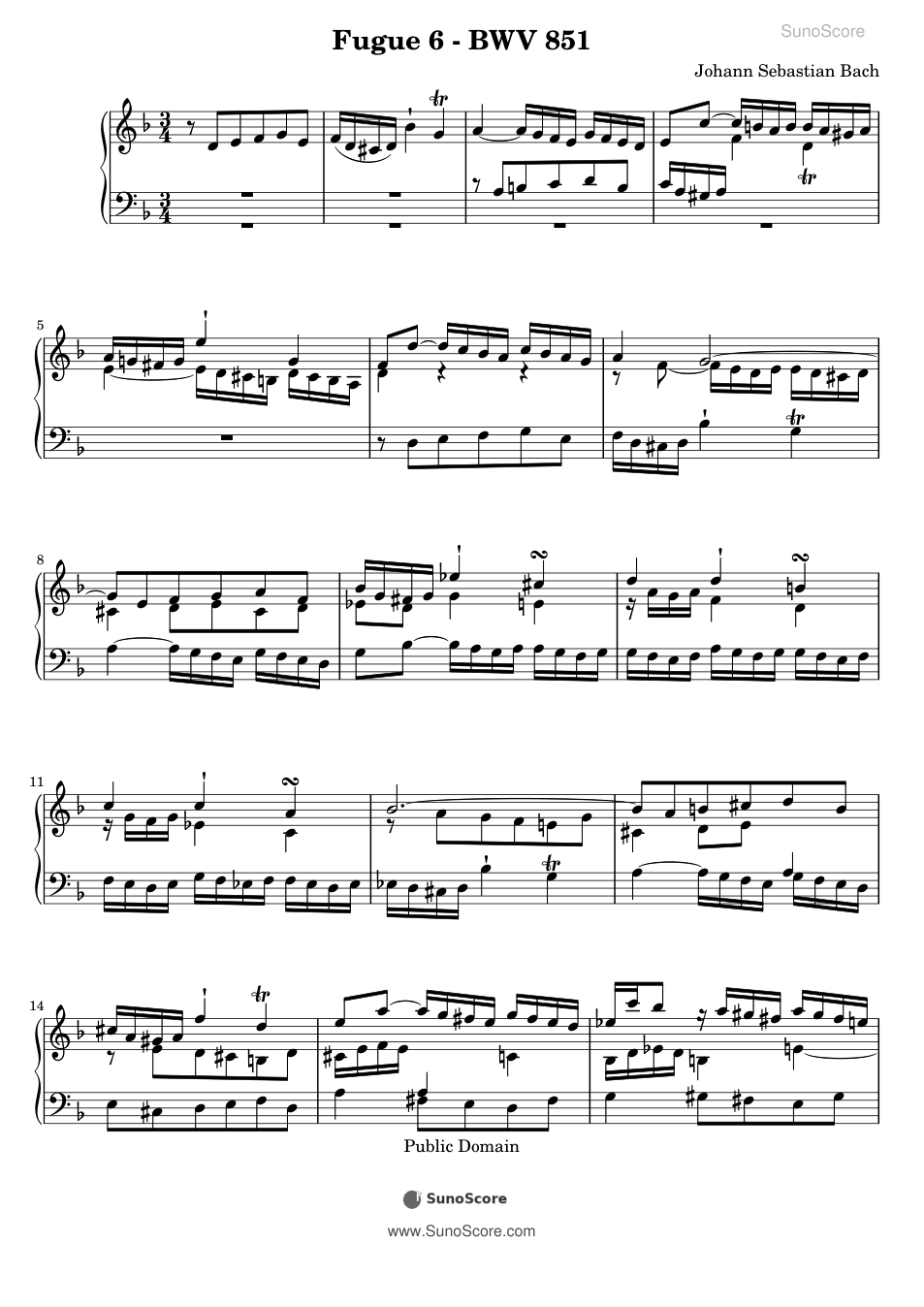 평균율 1권 푸가 6번 BWV 851 악보 첫 쪽 미리보기
