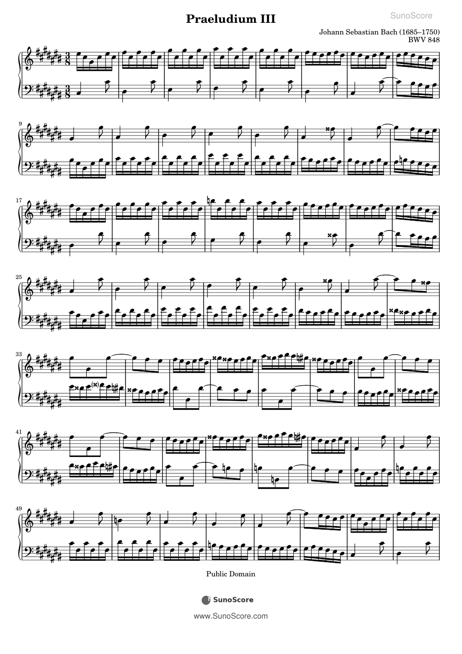 평균율 1권 전주곡 3번 BWV 848 악보 첫 쪽 미리보기
